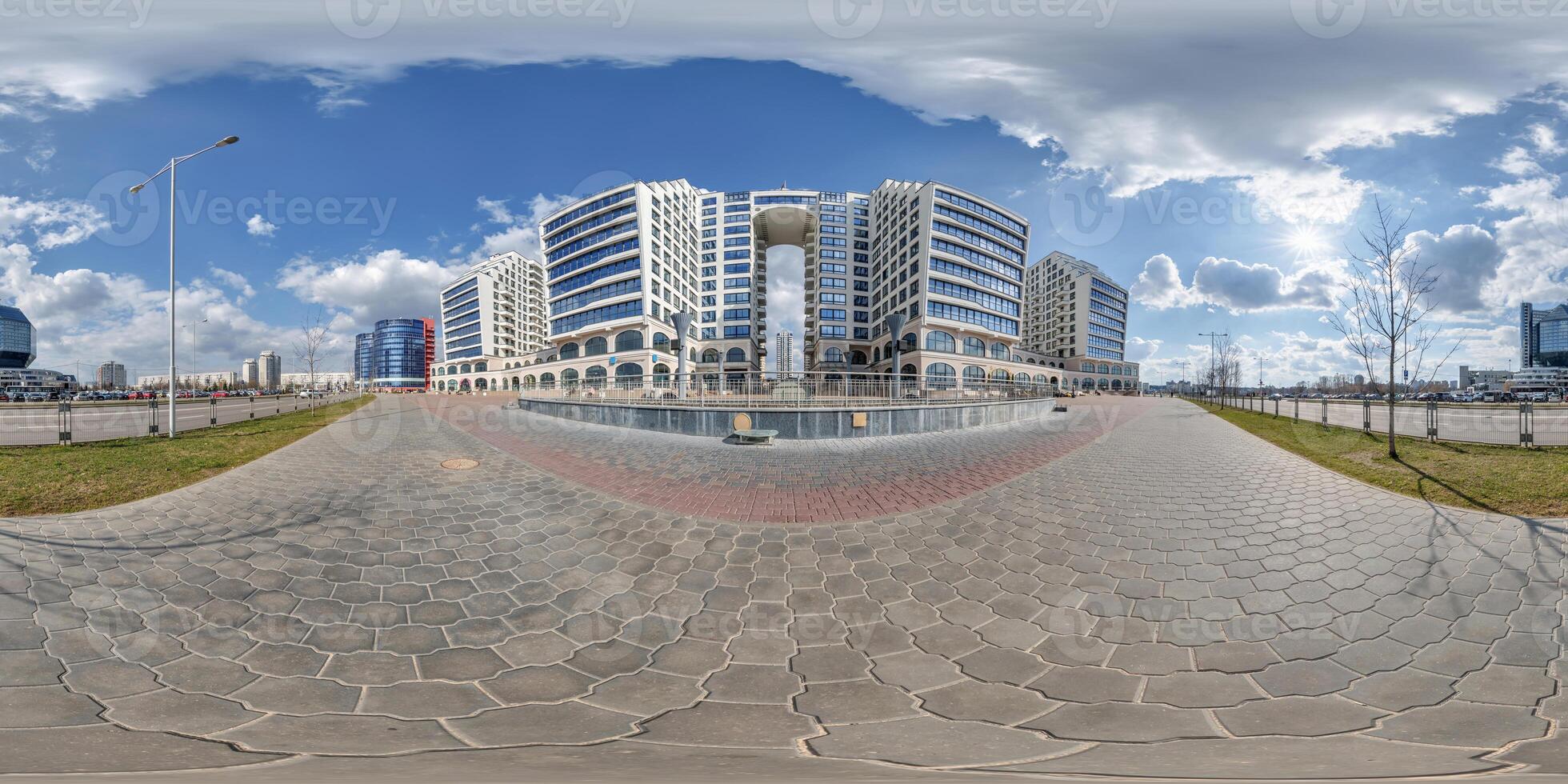 360 hdri panorama 360 near skyscraper multistory buildings of residential quarter in seamless spherical equirectangular projection photo