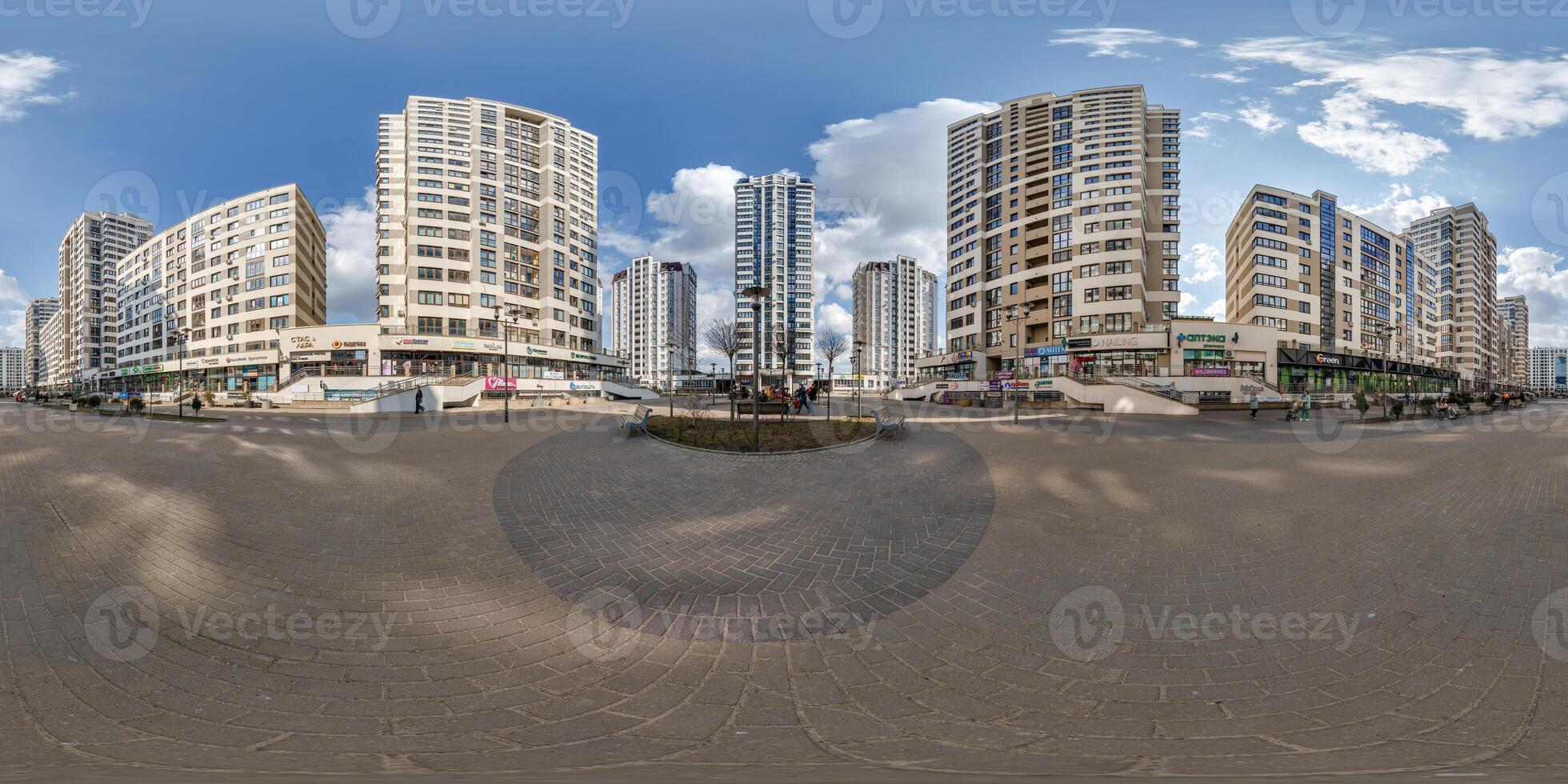 hdri panorama 360 near skyscraper multistory buildings of residential quarter complex in full equirectangular seamless spherical projection photo