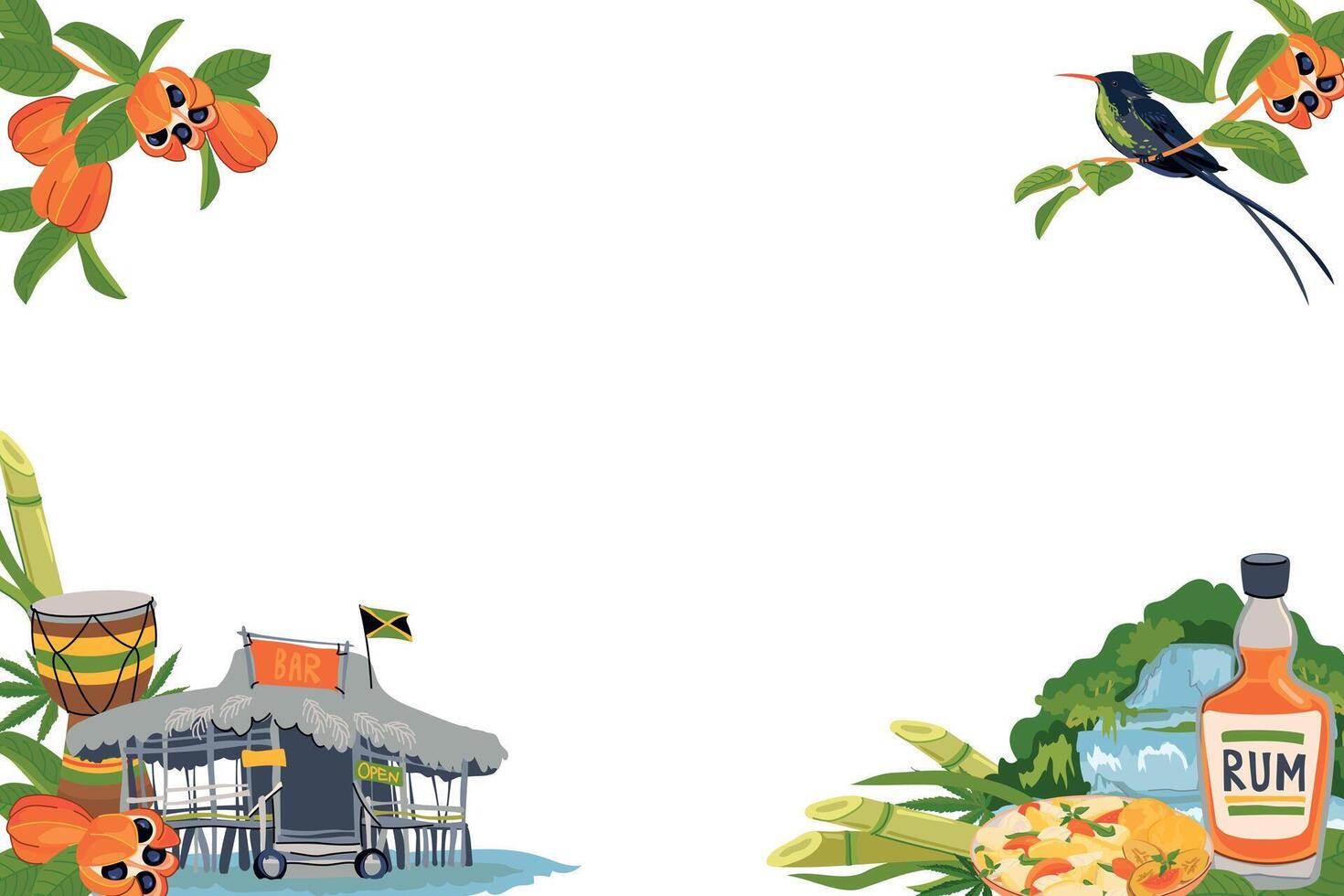 Horizontal frame with landmarks of Jamaica. Traditional food, hummingbird, beach bar, national fruit ackee, Rastafarianism, waterfall, rum. Vector for the design of travel brochures, tourist maps.