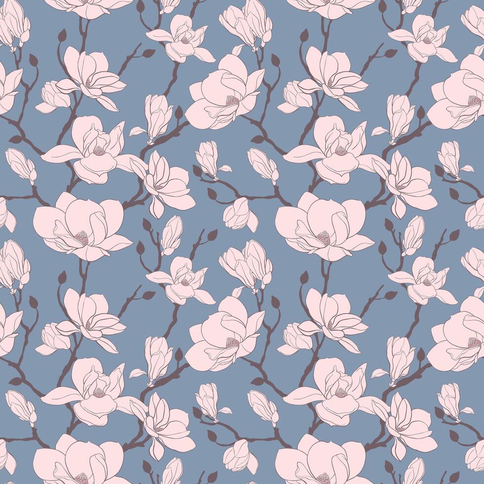 un modelo de magnolia ramas en un retro estilo en un azul antecedentes vector