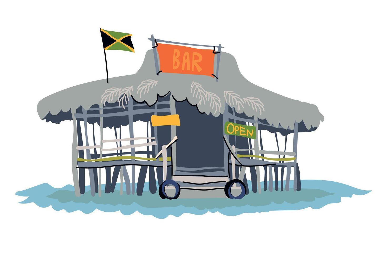 Wooden bar under a roof made of palm branches. Cafe in the Caribbean Sea near the island of Jamaica. Tropical style beach bar for relaxation and relaxation. Vector in flat style.