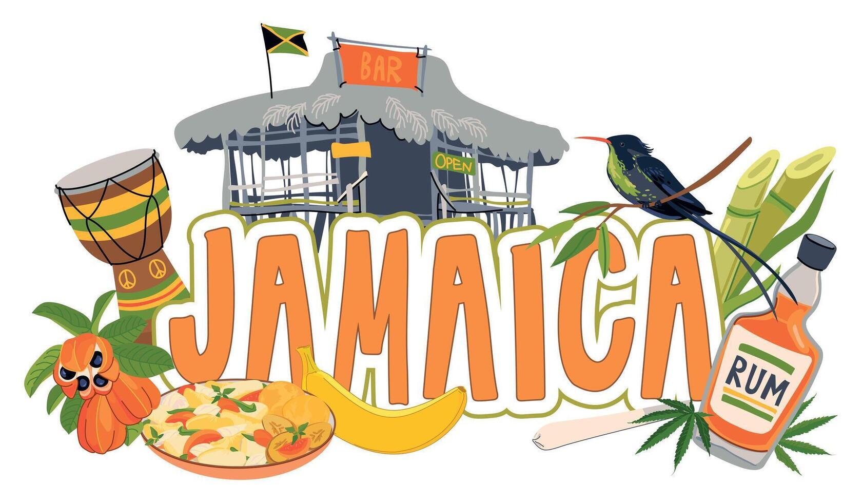 Seamless border with Jamaica landmarks. Traditional food, hummingbird, beach bar, national fruit ackee, Rastafarianism, waterfall, rum. Vector for the design of travel brochures, tourist maps.