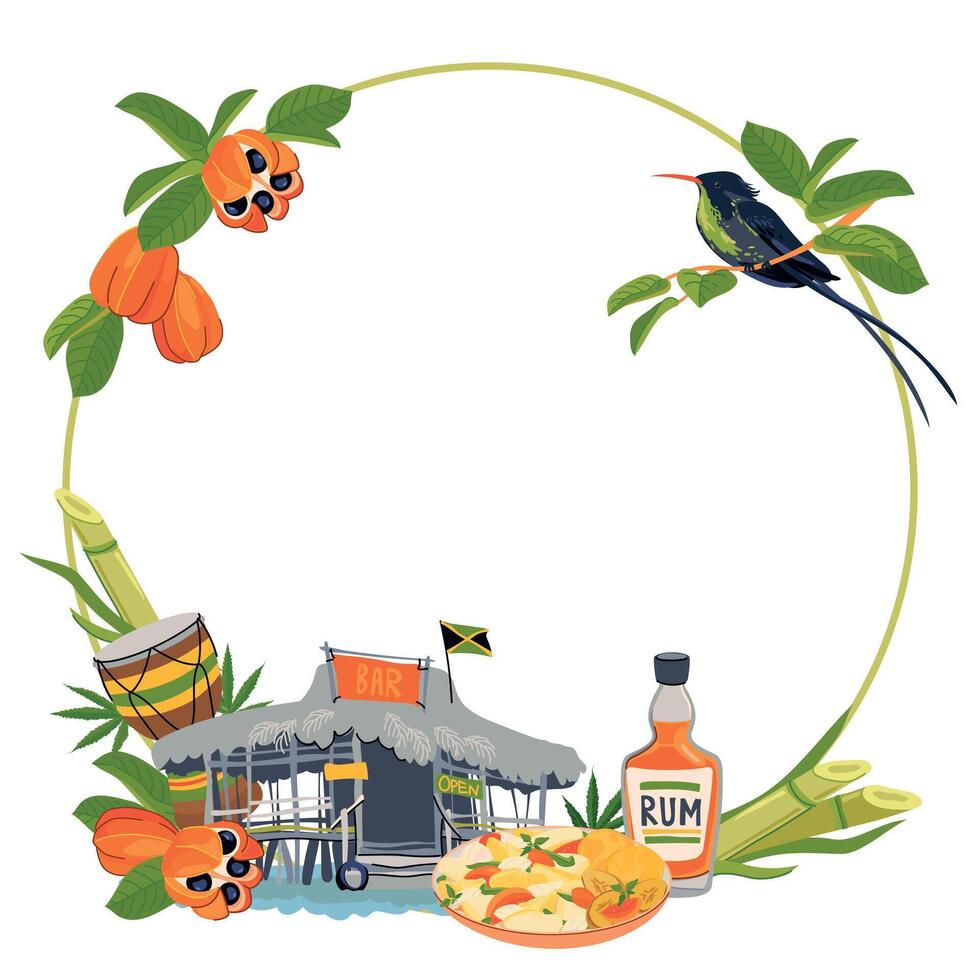 Round frame with landmarks of Jamaica. Traditional food, hummingbird, beach bar, national fruit ackee, Rastafarianism, waterfall, rum. Vector for the design of travel brochures, tourist maps.