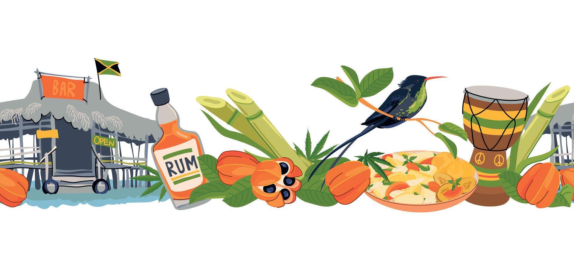 sin costura frontera con Jamaica puntos de referencia tradicional alimento, colibrí, playa bar, nacional Fruta ackee, rastafarianismo, cascada, Ron. vector para el diseño de viaje folletos, turista mapas