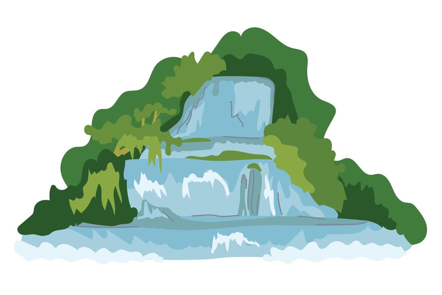 Waterfall vector flat illustration. Water flowing on mountain rocks, beautiful river cascade isolated on white. Tropical nature, landscape with green grass