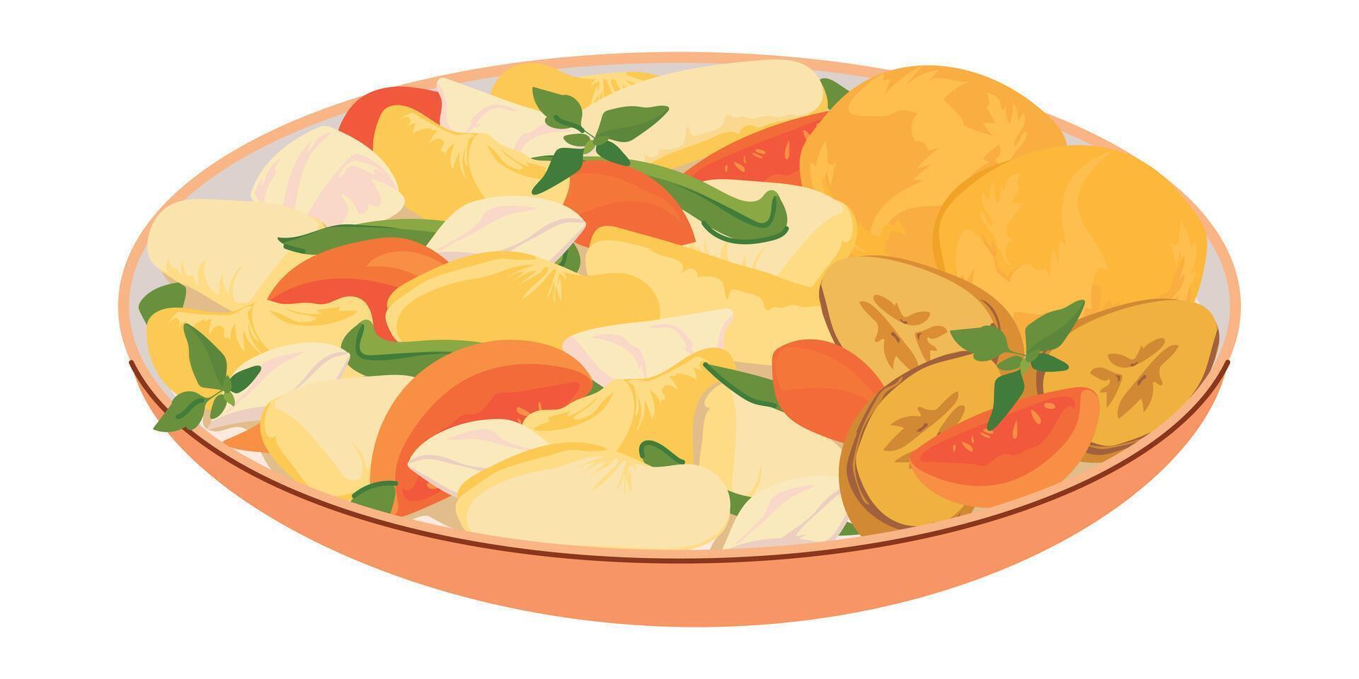 Ackee and salt fish. Traditional Jamaican dish of cod and ackee fruit. Caribbean breakfast served on a plate with fried bananas and corn buns. Vector illustration in flat style. Pesceterian cuisine.