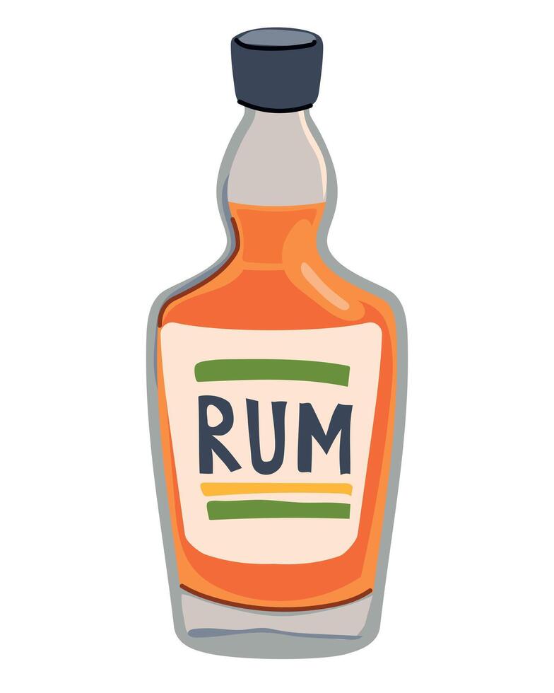 Rum bottle in flat style. Vector illustration of an alcoholic drink on a white background. A drink made from sugar cane, common in the Caribbean, traditional in Jamaica and Cuba.