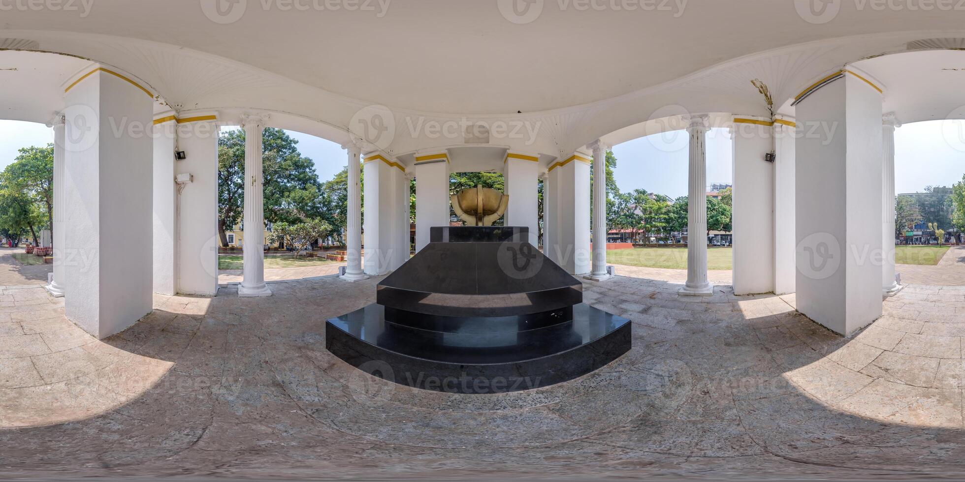 full seamless hdri 360 panorama inside concrete monument with columns in indian city in equirectangular projection,  VR content photo