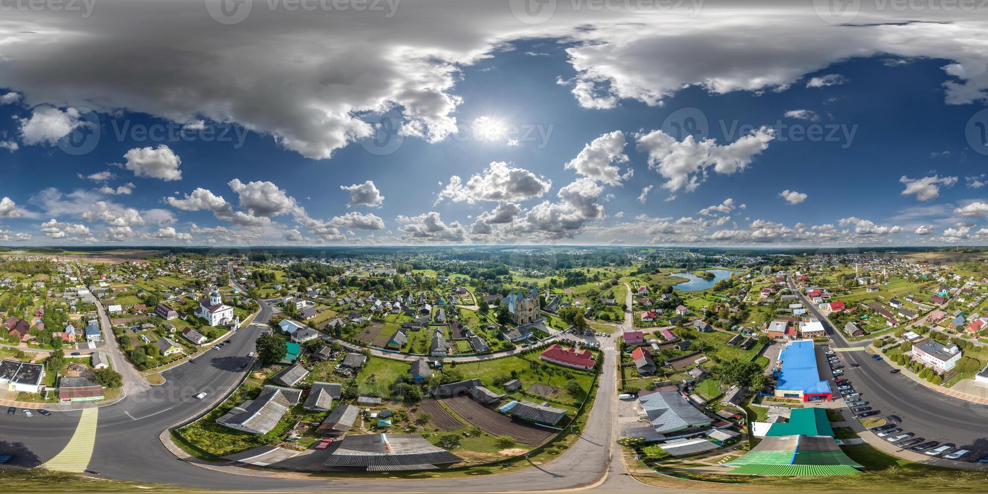 aerial hdri 360 panorama view from great height on buildings, churches and center market square of provincial city in equirectangular seamless spherical  projection. use as sky replacement for drone photo