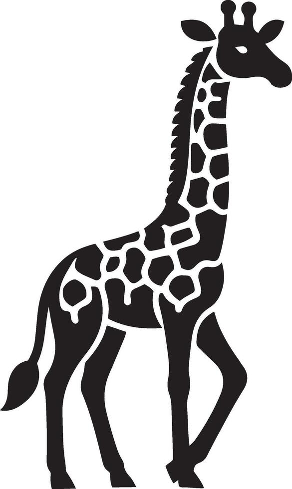 Giraffe standing vector icon in flat black color isolated on white background. Cute safari, zoo, Africa animal clipart.