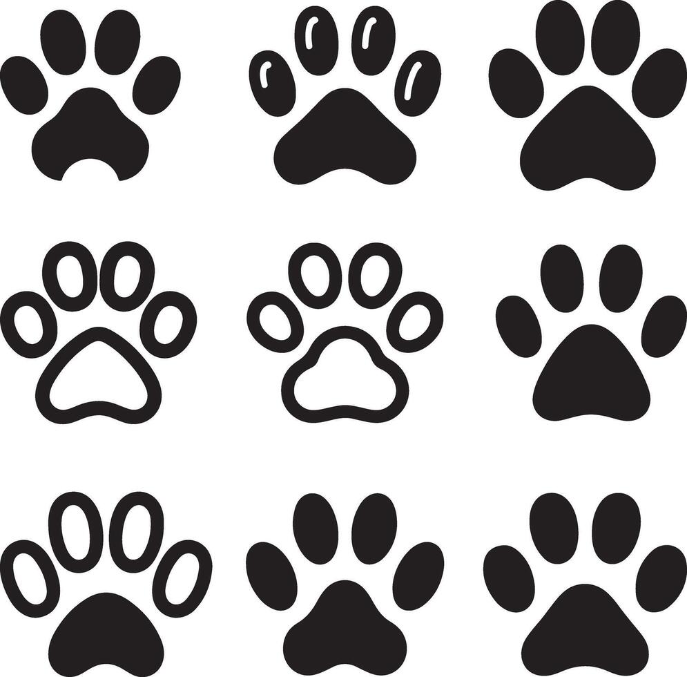 Cat and dog paw vector illustration icons set. paw print sign and symbol for t-shirts, backgrounds, patterns, websites, showcase designs, greeting cards, child prints and etc.