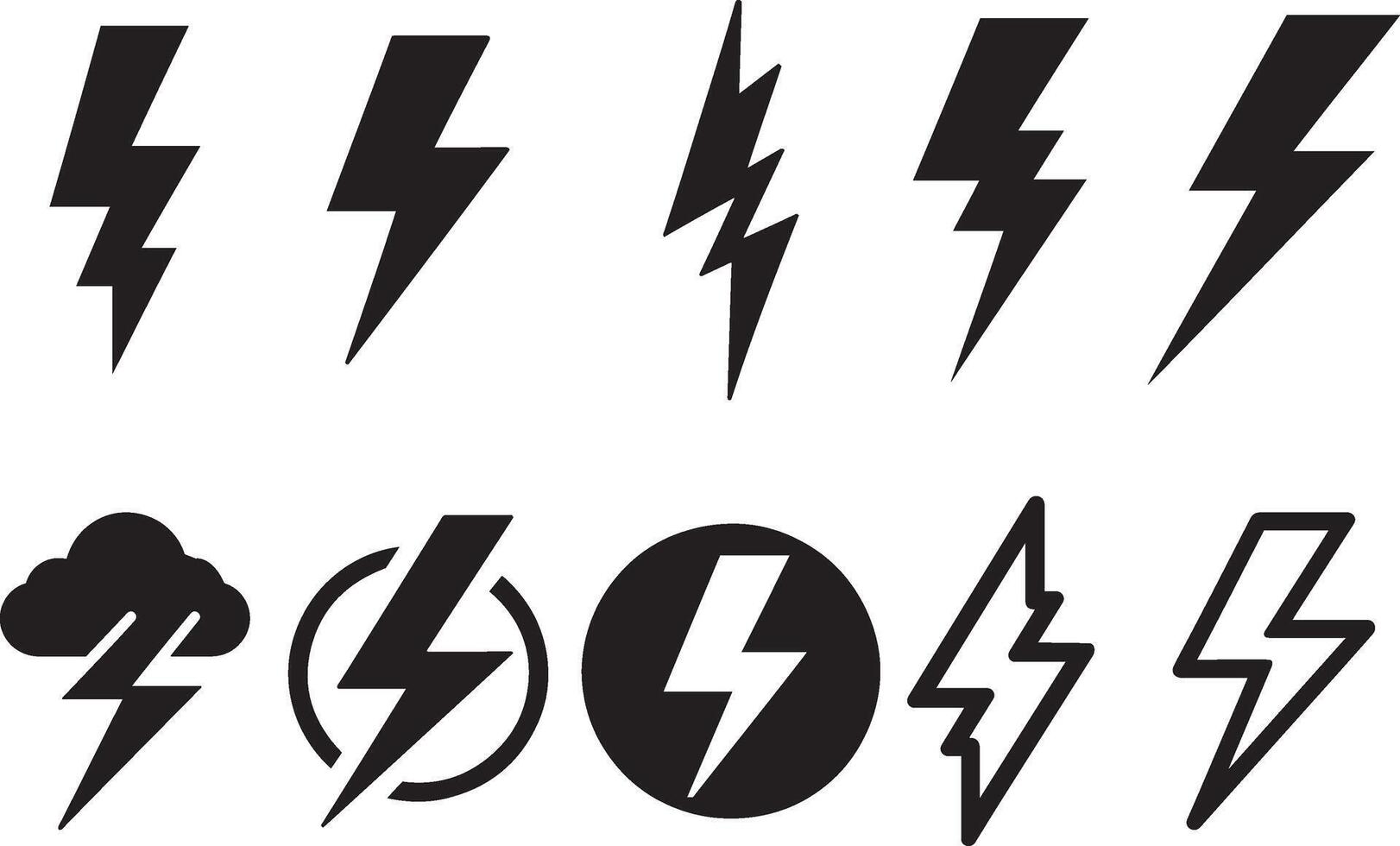 Lightning bolt vector icons set isolated on white background. Black flash symbol. Thunderbolt sign.