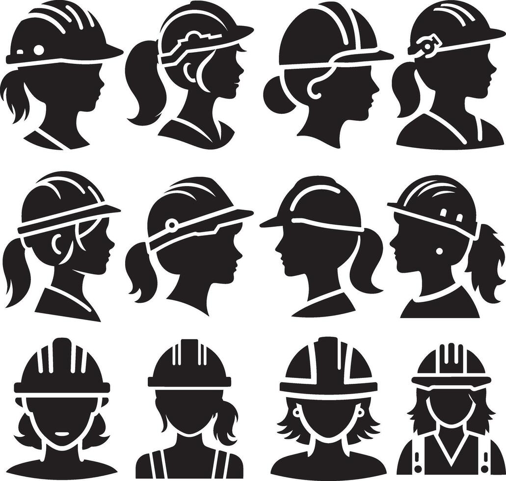 Construction women workers head with safety hard hat vector icon set.