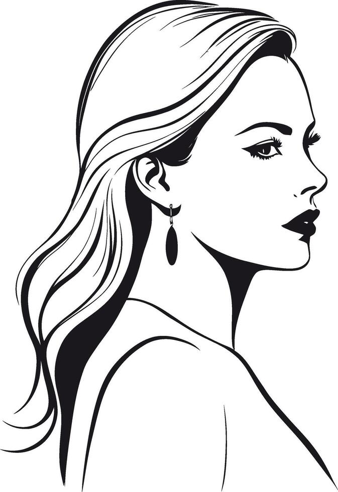 woman with long hair, fashion girl, young adult, beauty line art, jewellery, salon vector