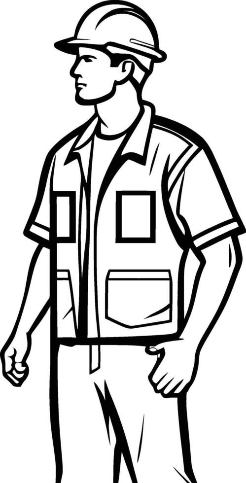 worker in uniform, man working, construction manager, man wearing protective jacket, helmet and gear vector