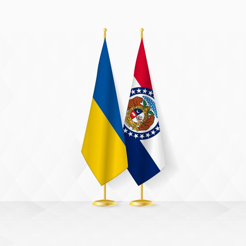 Ukraine and Missouri flags on flag stand, illustration for diplomacy and other meeting between Ukraine and Missouri. vector