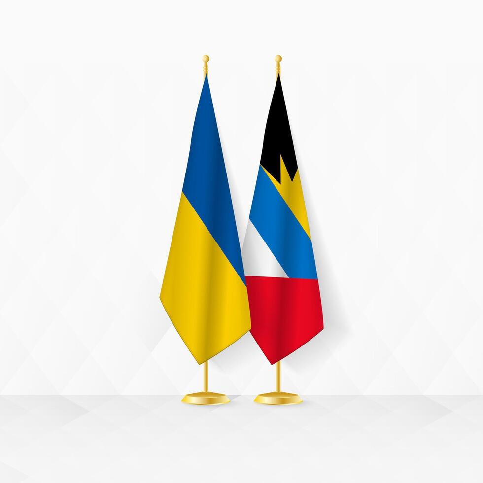 Ukraine and Antigua and Barbuda flags on flag stand, illustration for diplomacy and other meeting between Ukraine and Antigua and Barbuda. vector