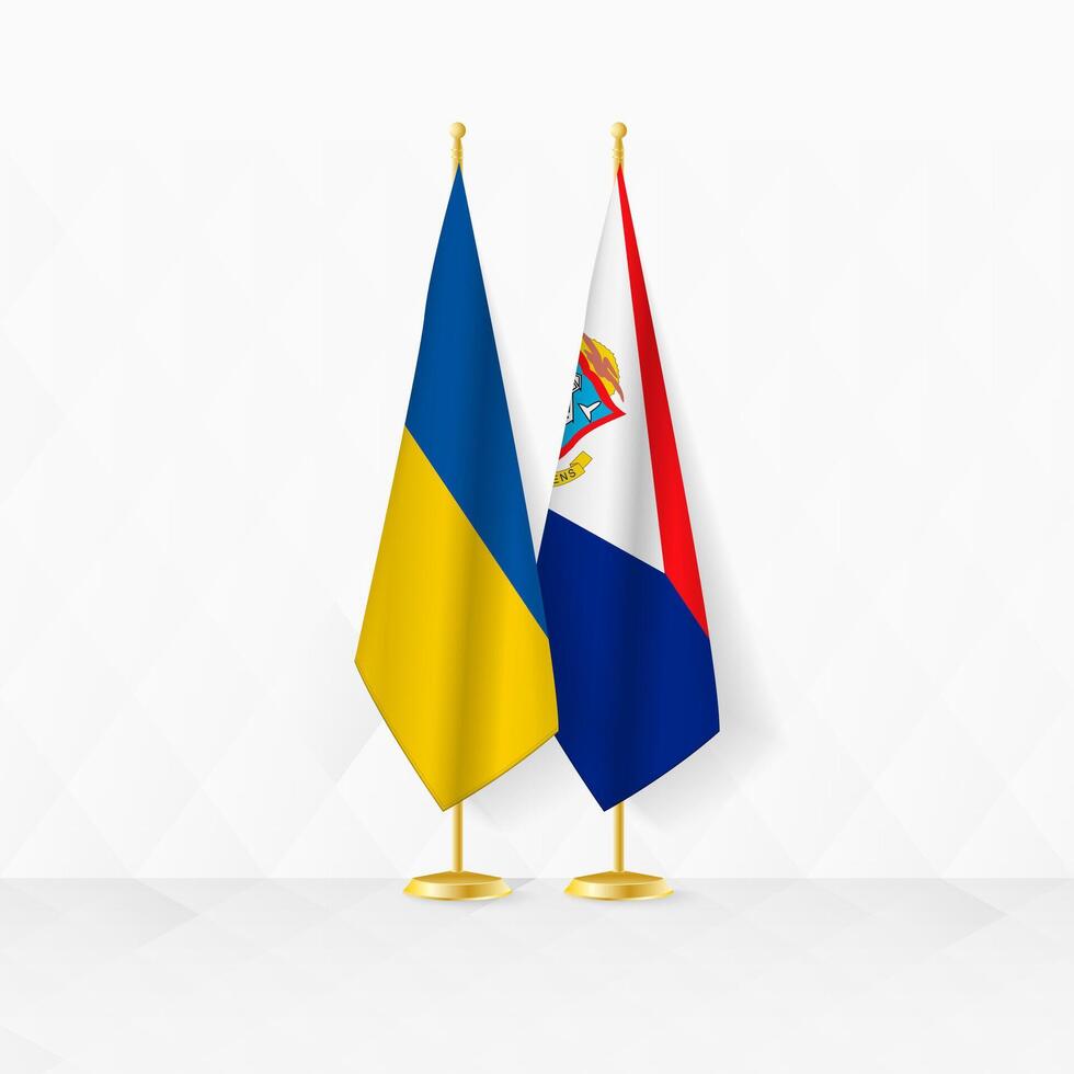 Ukraine and Sint Maarten flags on flag stand, illustration for diplomacy and other meeting between Ukraine and Sint Maarten. vector