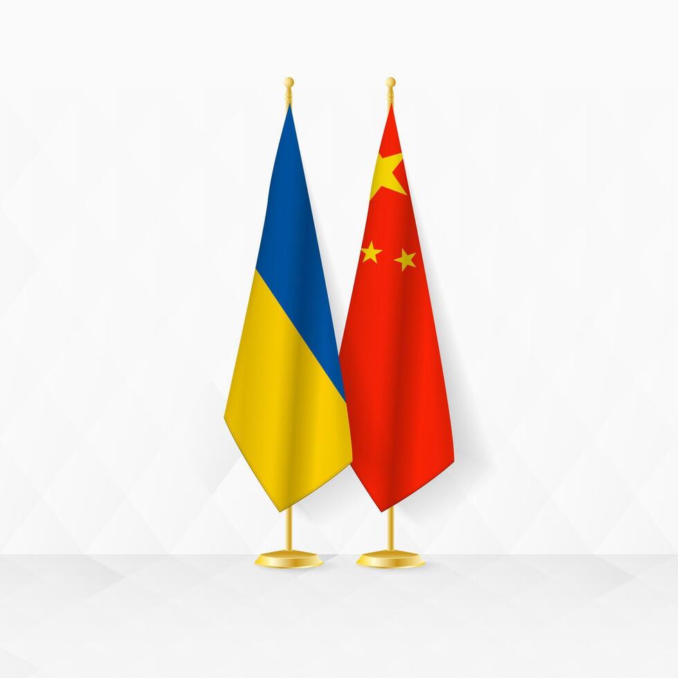 Ukraine and China flags on flag stand, illustration for diplomacy and other meeting between Ukraine and China. vector