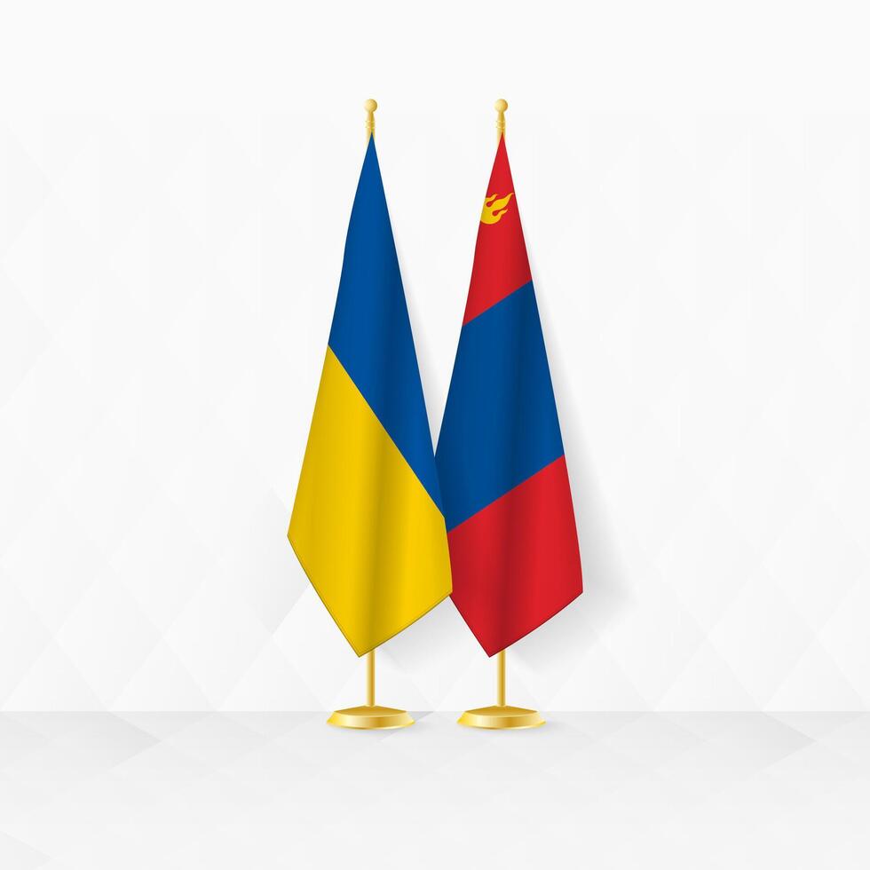 Ukraine and Mongolia flags on flag stand, illustration for diplomacy and other meeting between Ukraine and Mongolia. vector