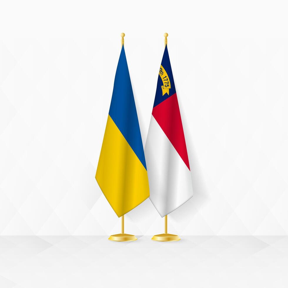 Ukraine and North Carolina flags on flag stand, illustration for diplomacy and other meeting between Ukraine and North Carolina. vector