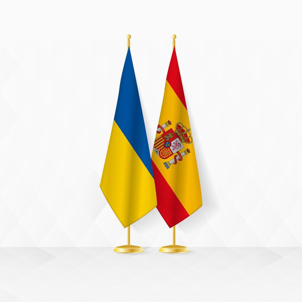 Ucrania y España banderas en bandera pararse, ilustración para diplomacia y otro reunión Entre Ucrania y España. vector