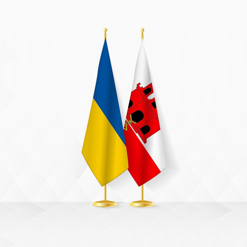 Ucrania y Gibraltar banderas en bandera pararse, ilustración para diplomacia y otro reunión Entre Ucrania y Gibraltar. vector