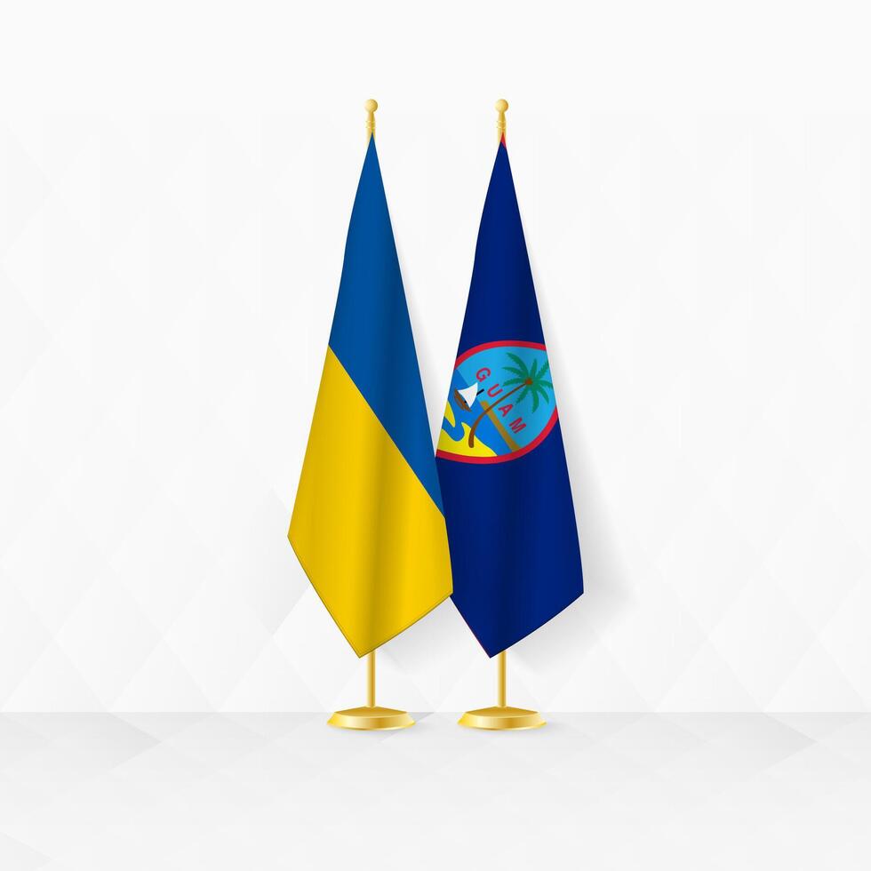 Ukraine and Guam flags on flag stand, illustration for diplomacy and other meeting between Ukraine and Guam. vector