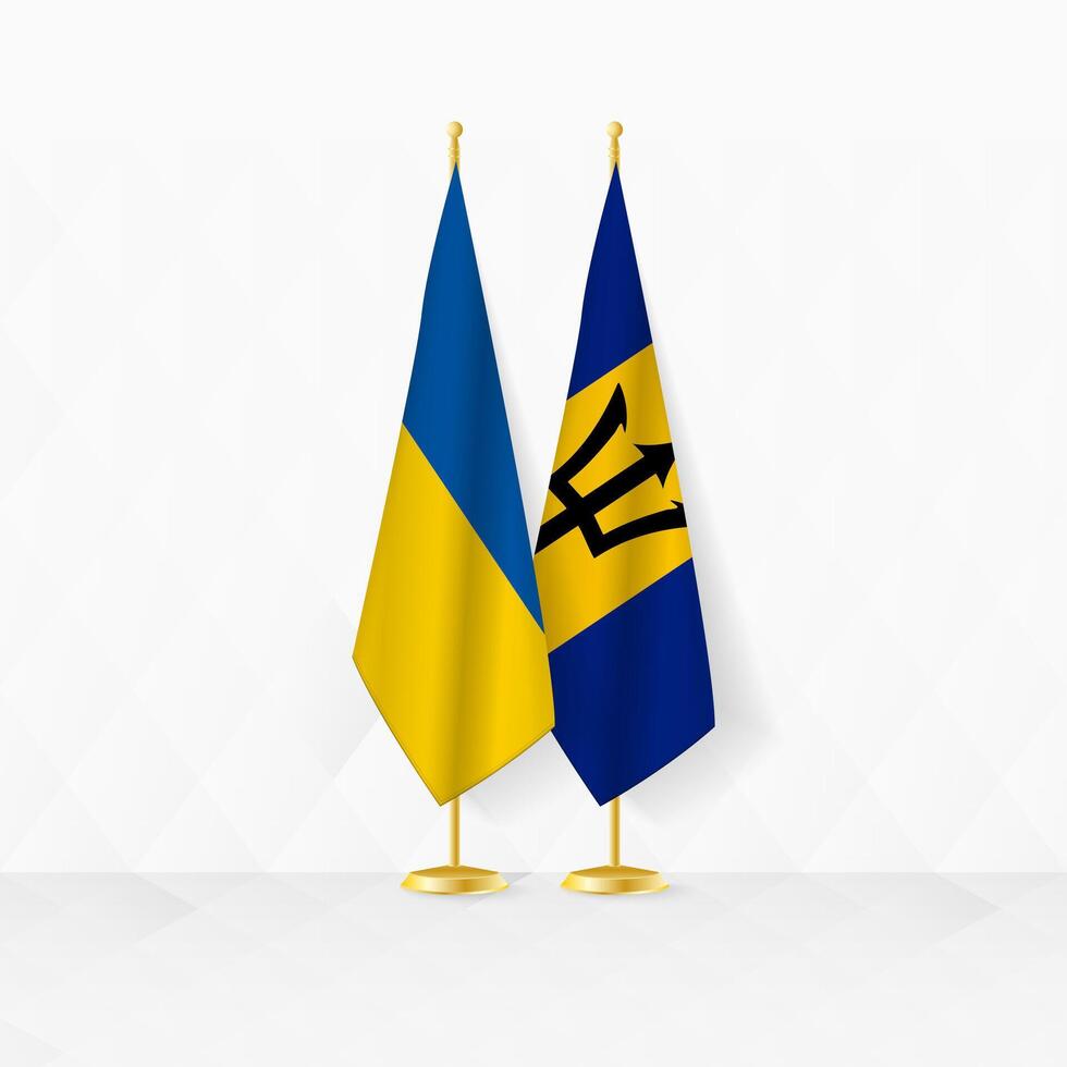 Ukraine and Barbados flags on flag stand, illustration for diplomacy and other meeting between Ukraine and Barbados. vector