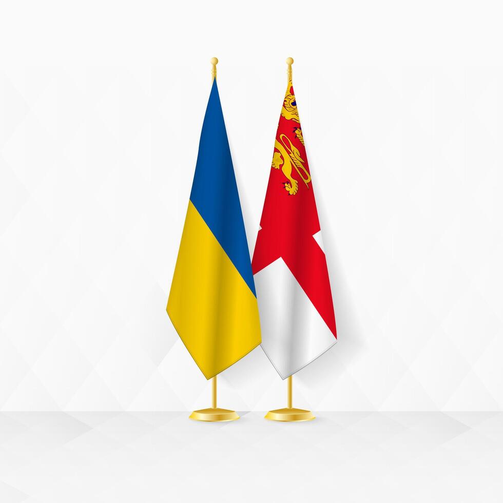 Ukraine and Sark flags on flag stand, illustration for diplomacy and other meeting between Ukraine and Sark. vector