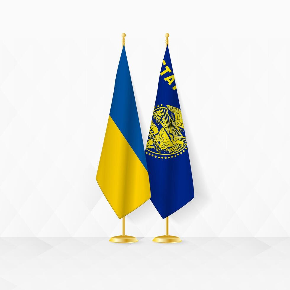 Ukraine and Oregon flags on flag stand, illustration for diplomacy and other meeting between Ukraine and Oregon. vector