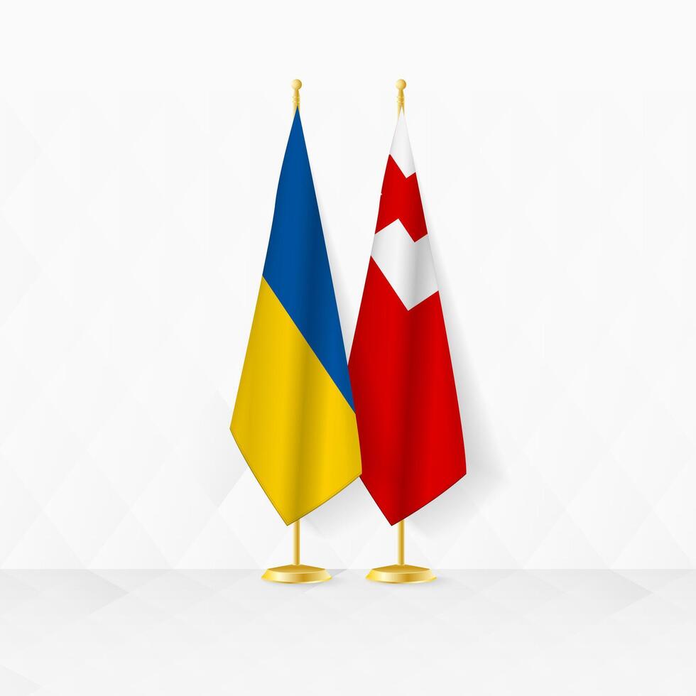 Ukraine and Tonga flags on flag stand, illustration for diplomacy and other meeting between Ukraine and Tonga. vector