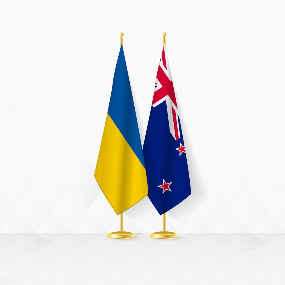 Ukraine and New Zealand flags on flag stand, illustration for diplomacy and other meeting between Ukraine and New Zealand. vector
