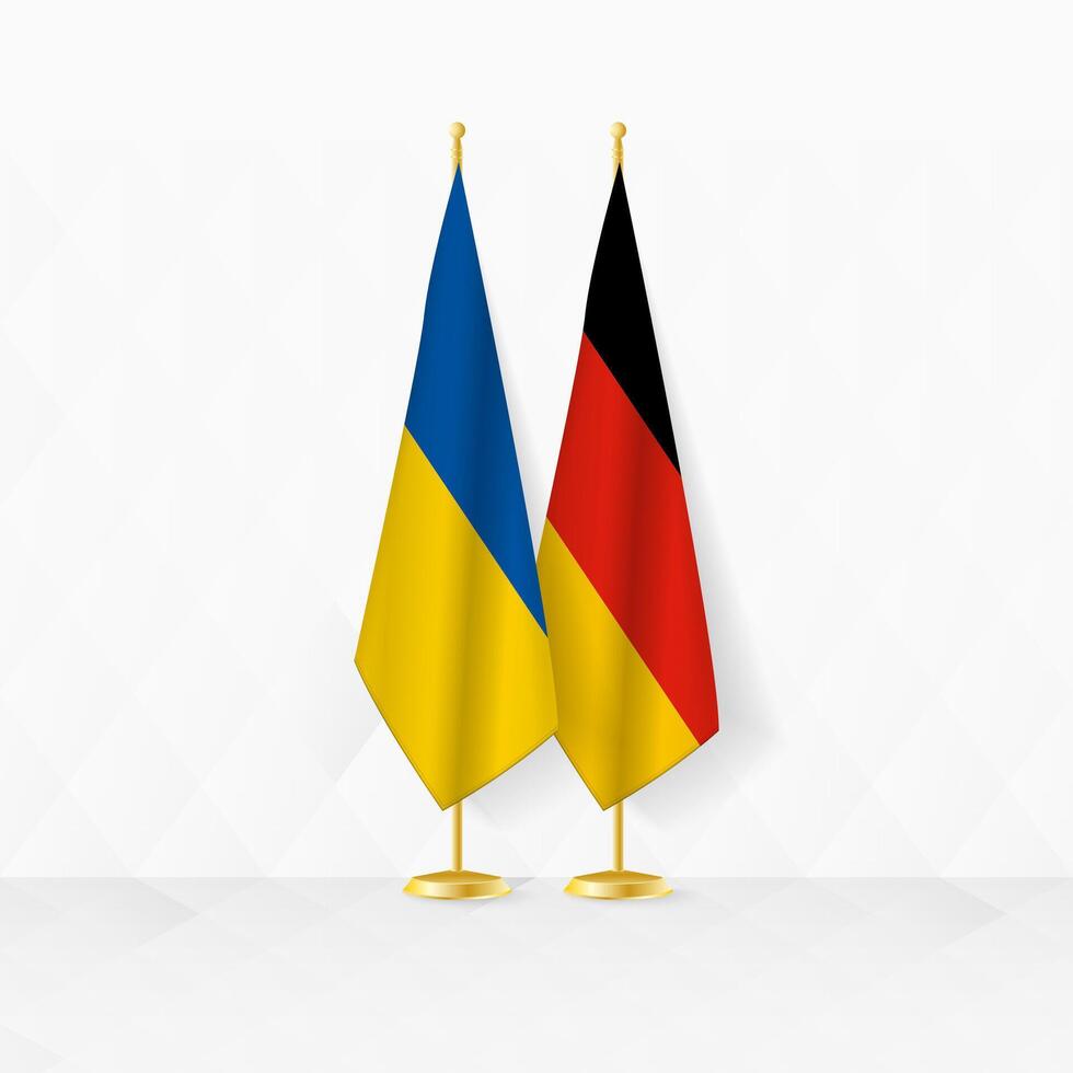 Ukraine and Germany flags on flag stand, illustration for diplomacy and other meeting between Ukraine and Germany. vector