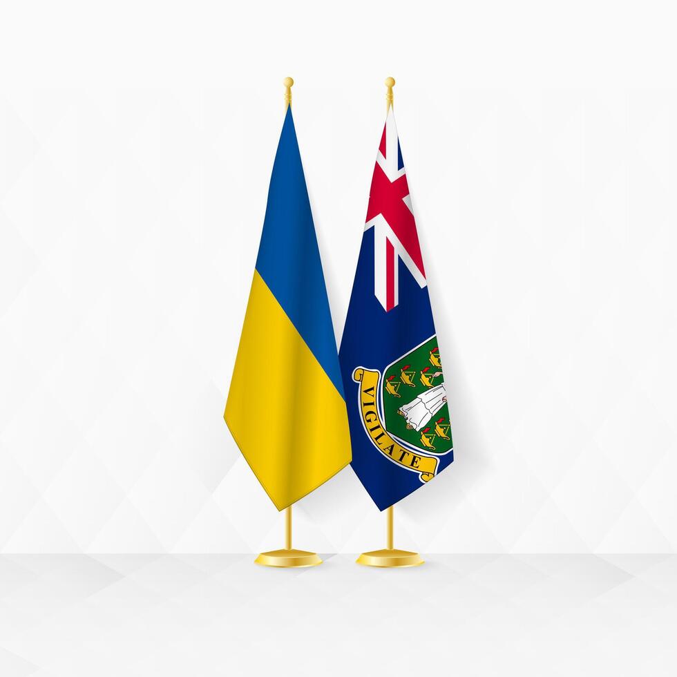 Ukraine and British Virgin Islands flags on flag stand, illustration for diplomacy and other meeting between Ukraine and British Virgin Islands. vector