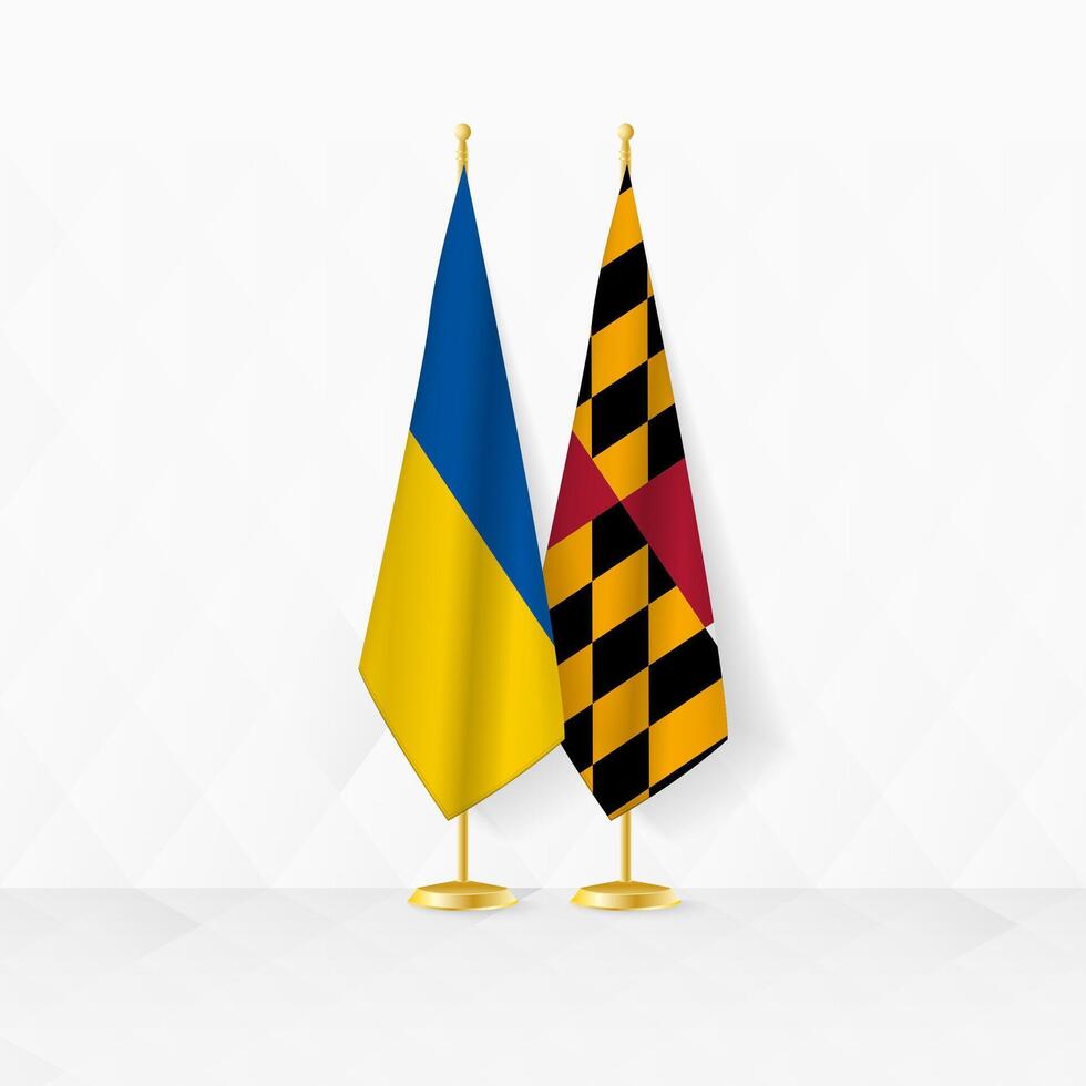 Ucrania y Maryland banderas en bandera pararse, ilustración para diplomacia y otro reunión Entre Ucrania y Maryland. vector