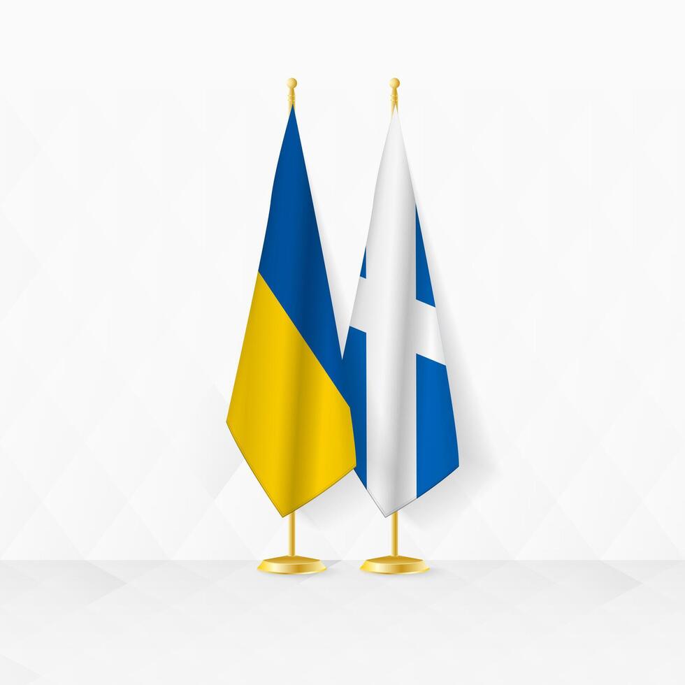 Ukraine and Scotland flags on flag stand, illustration for diplomacy and other meeting between Ukraine and Scotland. vector