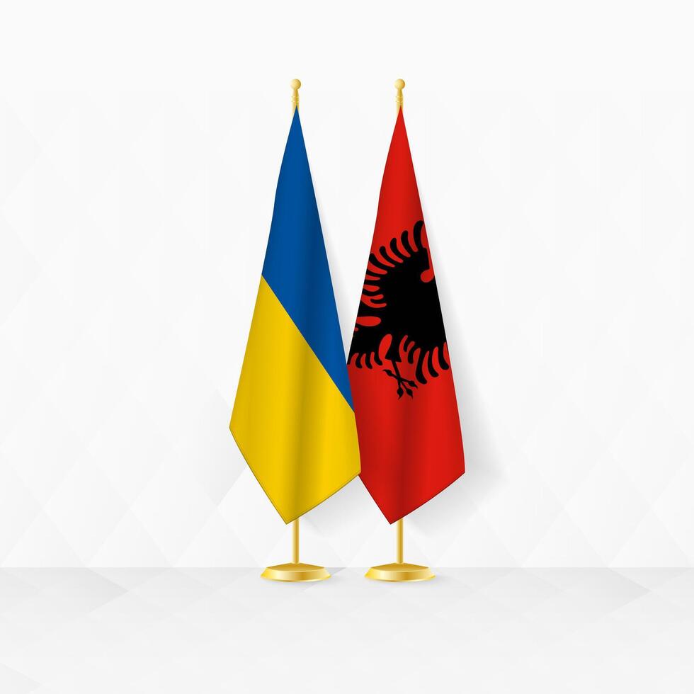 Ukraine and Albania flags on flag stand, illustration for diplomacy and other meeting between Ukraine and Albania. vector