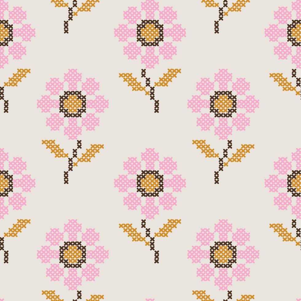 Flower cross stitch embroidery design, vector seamless pattern