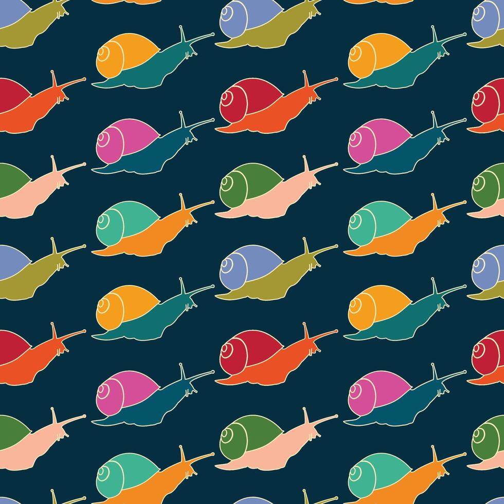 Hand drawn colorful snails, seamless vector pattern