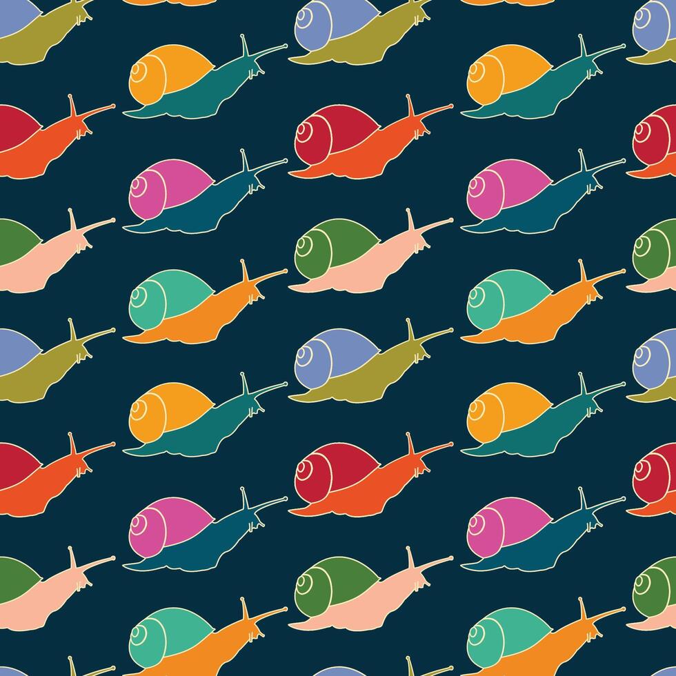 Hand drawn colorful snails, seamless vector pattern