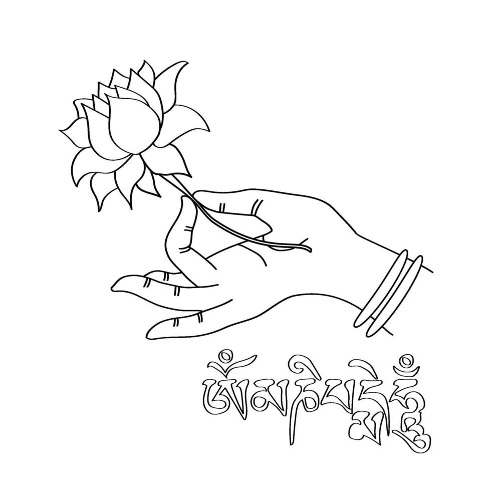 Hand drawn hand with lotus flower and sanskrit mantra vector