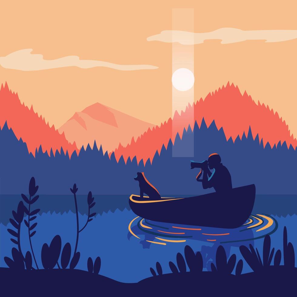 Vector illustration of a photographer and his dog on sunset lake