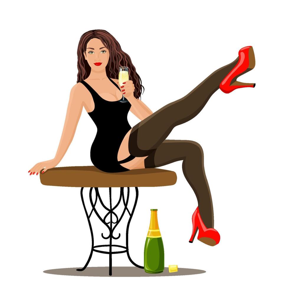 Woman sitting on the table and drinking champagne vector