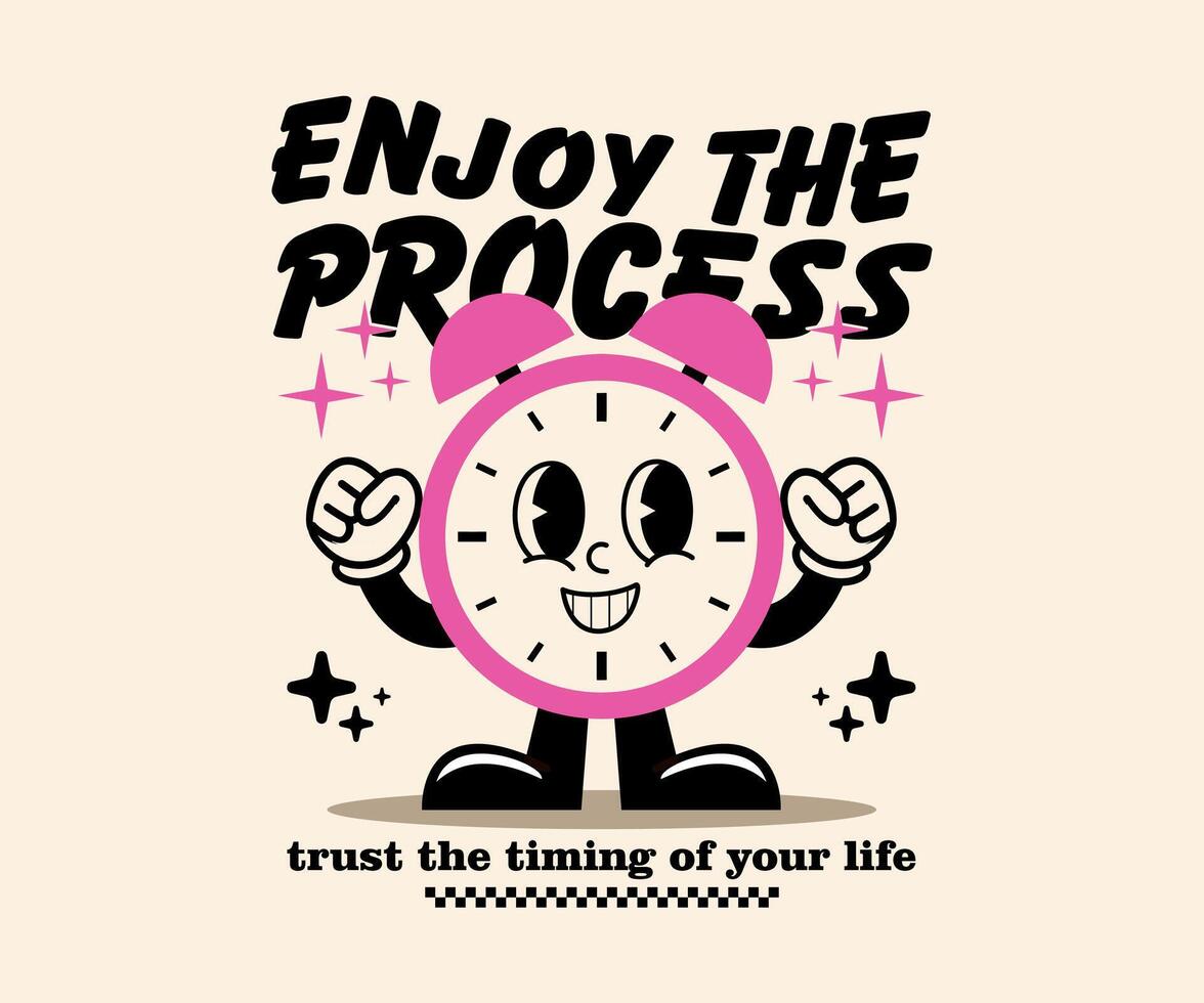 retro cartoon character alarm clock with slogan motivational, graphic design for t shirt streetwear, urban Style and screen printing vector
