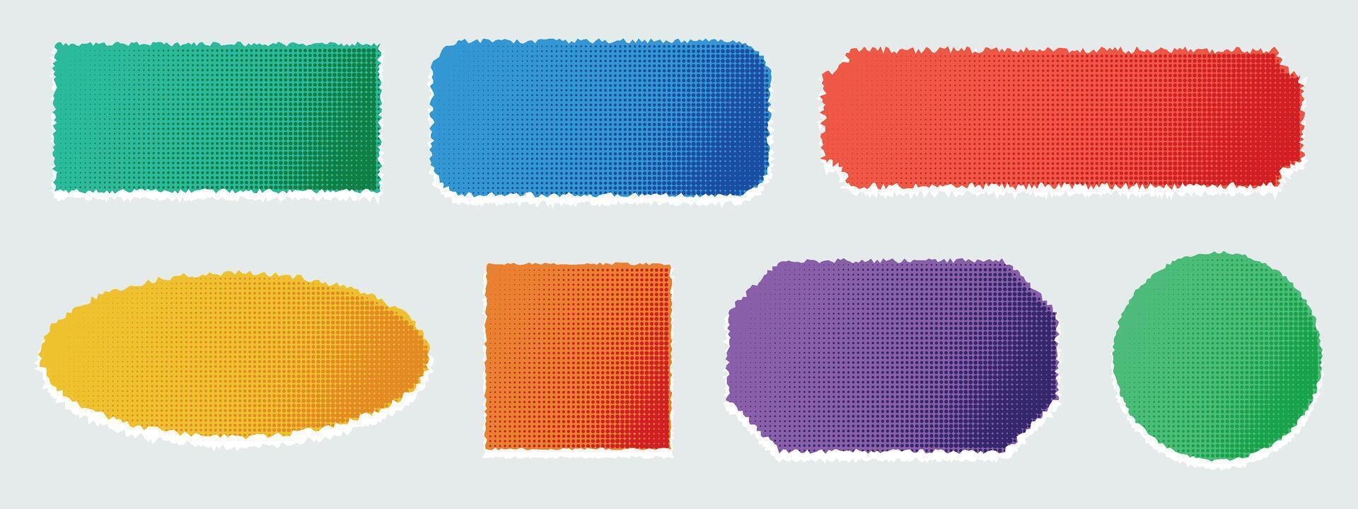 Creative modern design element. Torn paper shape halfton vector illustration. Blank colorful note. Color sticker. square, circle, piece, cut. Set of headline band. Grunge header isolated background.