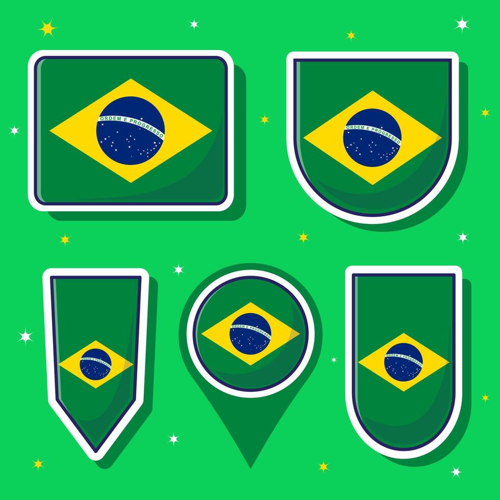 Flat cartoon vector illustration of Brazil national flag with many shapes inside