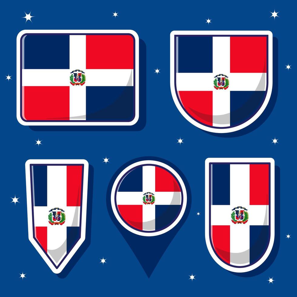 Flat cartoon vector illustration of Republic Dominica national flag with many shapes inside