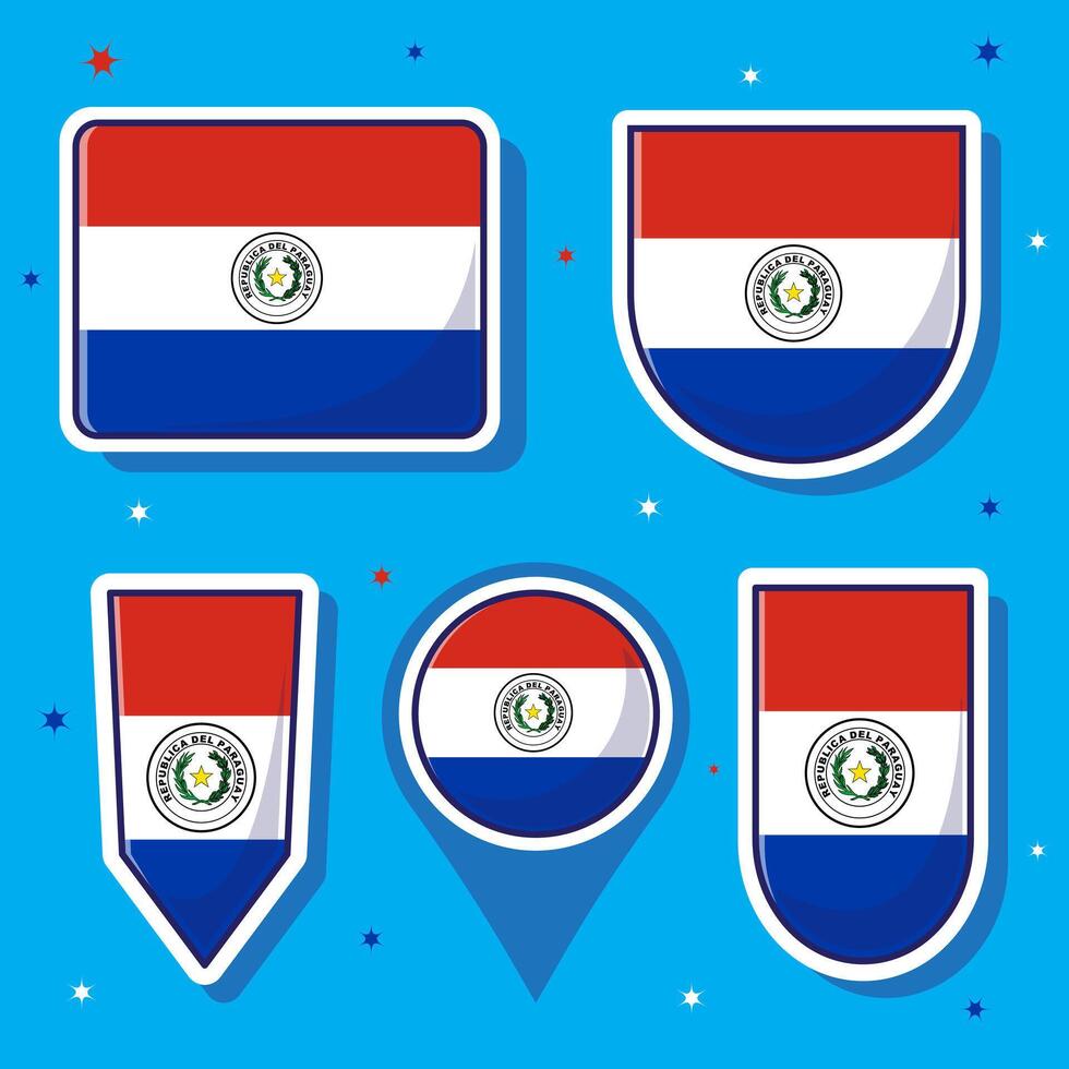 Flat cartoon vector illustration of Paraguay national flag with many shapes inside
