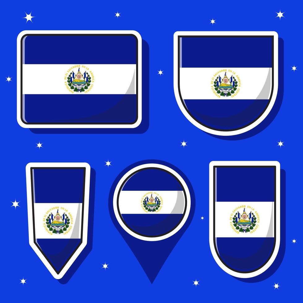 Flat cartoon vector illustration of El Salvador national flag with many shapes inside